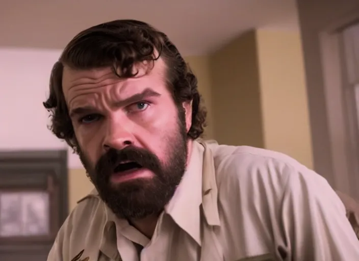 Image similar to film still of jim hopper as mike wheeler in stranger things, 8 k