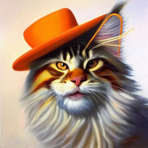 Image similar to Beatiful Oil painting of an orange Maine-coon with a white beard. wearing a wide-brimmed straw sombrero sombrero