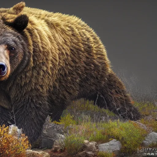 Prompt: Photorealistic horned bear. Hyperdetailed photorealism, 108 megapixels, amazing depth, glowing rich colors, powerful imagery, psychedelic Overtones, 3D finalrender, 3d shading, cinematic lighting, artstation concept art