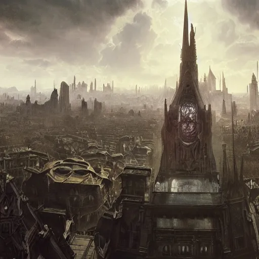 Prompt: an ultra detailed matte painting of a lonely and impossibly elevated temple district of the damned god, with a lone tall ominous gothic dark tower elevated high above the city, in a river elevated high above the city, fantasy capital city, ultrawide lense, aerial photography, volumetric lighting, exquisite detail, 8 k, art by greg rutkowski and alphonse mucha