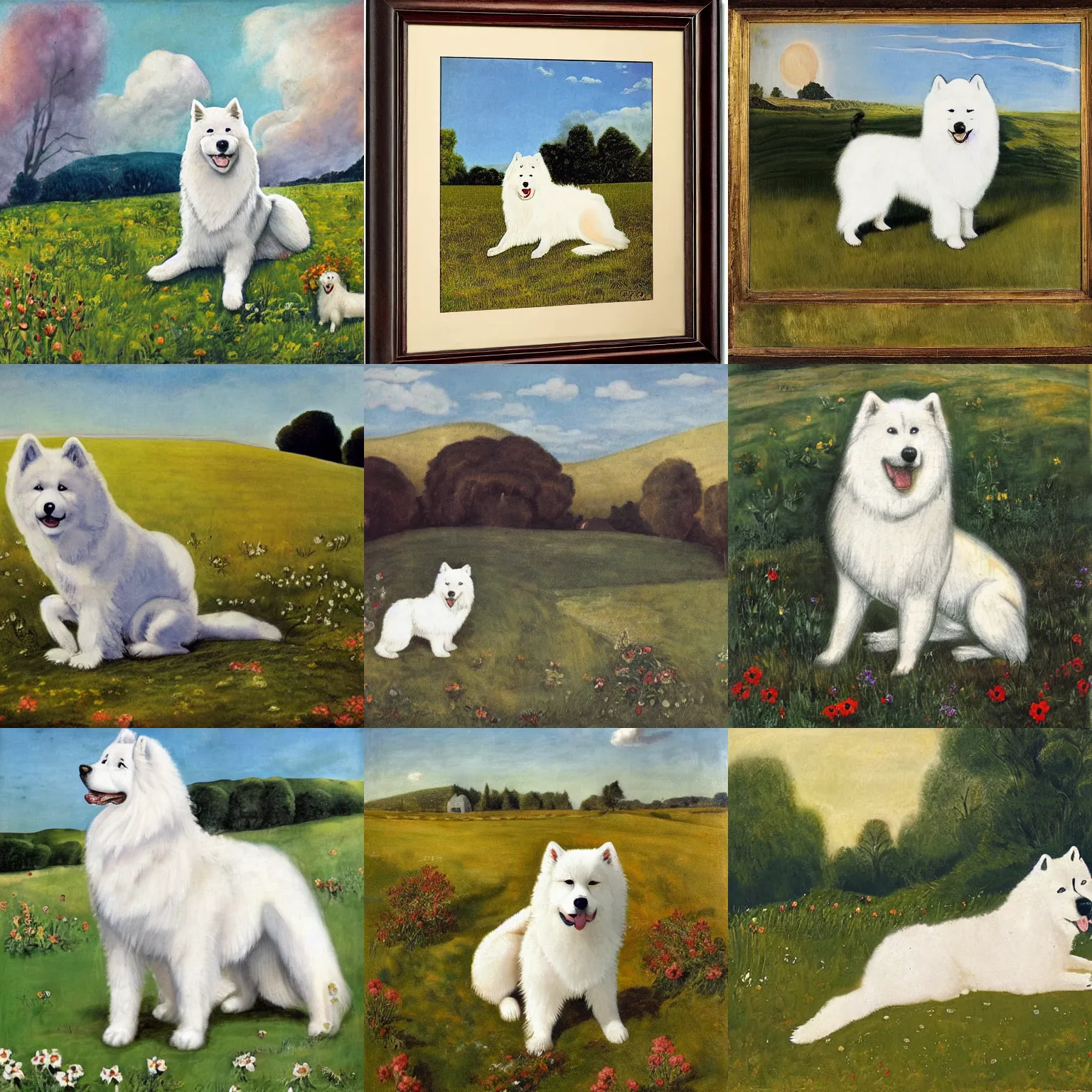 Prompt: a samoyed dog sitting in the middle of sunny meadow, by otto dix