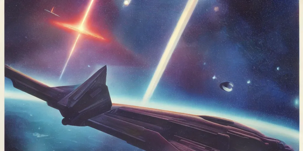 Prompt: A Spaceship Through the Nebula, 2001: A Space Odyssey, Interstellar, 70s sci-fi, Retro Futurism Art, by Ralph McQuarrie