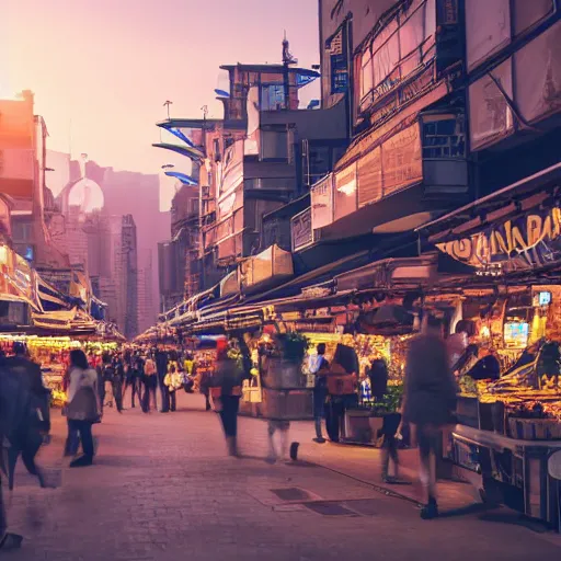 Image similar to busy marketplace in a futuristic city during dawn