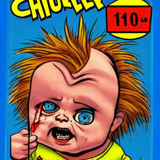 Prompt: chucky as a garbage pail kids card, product image, 1 9 8 0 s