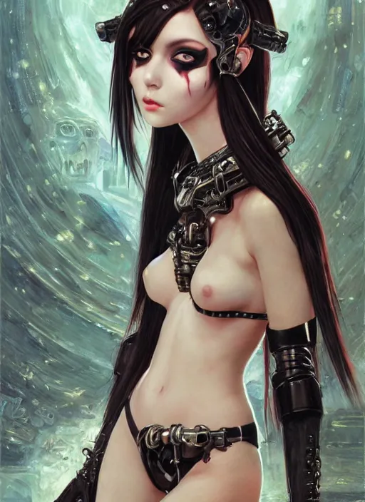 Image similar to portrait of cute beautiful young goth maiden in bikini armor, cyberpunk, Warhammer 40000, gothic, highly detailed, artstation, illustration, art by Gustav Klimt and Range Murata