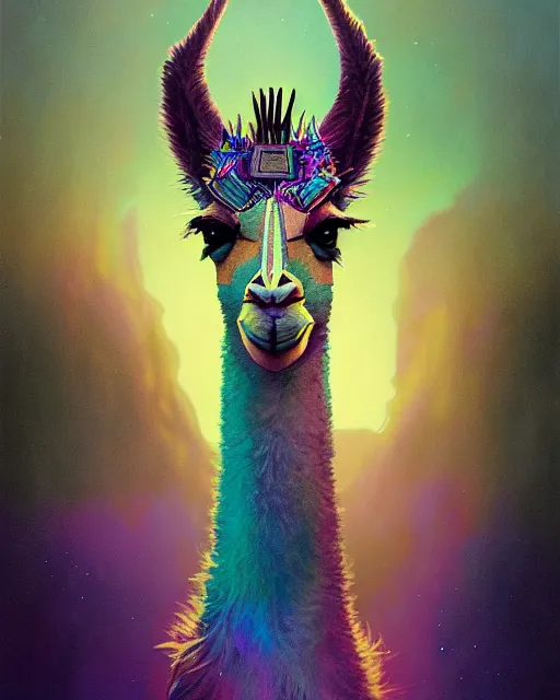 Image similar to highly detailed surreal vfx portrait of a metallic chromatic geometric tribal llama, behance, stephen bliss, unreal engine, greg rutkowski, loish, rhads, beeple, makoto shinkai and lois van baarle, ilya kuvshinov, rossdraws, tom bagshaw, alphonse mucha, global illumination, detailed and intricate environment