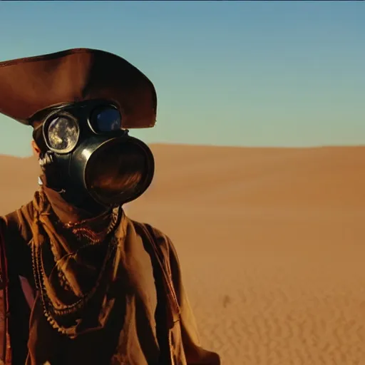 Image similar to a pirate wearing a gasmask, in the desert, film still, panavision panaflex