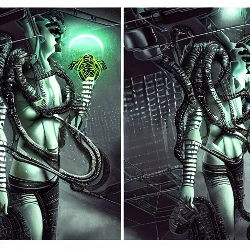 Prompt: the upper torso of a terminator gorgon medusa with borg implants and robotic snakes coming out of her head is hanging from cables and wires off the ceiling of a lab. Tiny green led lights in her cybernetics. She is bolding a cup of coffee. very detailed 8k. Art by nekro. Horror style.