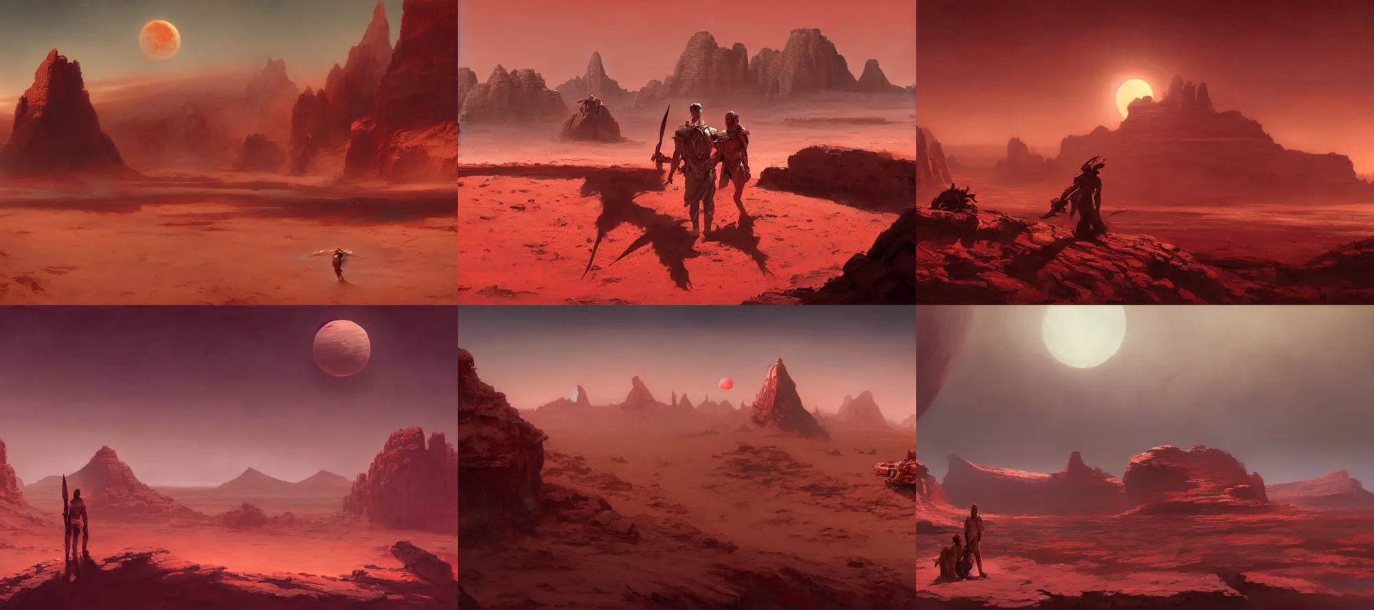 Prompt: close u of john carter of mars, martian landscape, red filter, two moons in the sky, edgar rice burroughs, epic feels, high details, oil painting by greg rutkowski and craig mullins, frank frazetta, 8 k