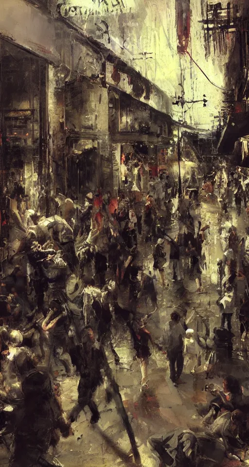 Image similar to painting of patients partying outside the dance club during a war, by Jeremy Mann and Jason Jenicke, highly detailed, stylized, loose brush strokes, intricate, realistic, exaggerated lighting, dramatic lighting, sense of scale, sense of movement, sensual