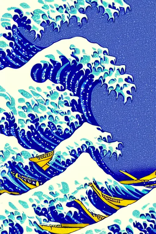 Image similar to The Great Wave off Kanagawa as a Vaporwave poster, synthwave aesthetic, highly detailed, digital painting, artstation, concept art, smooth, sharp focus, illustration