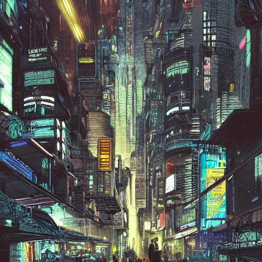 Image similar to hyper detailed illustration of a cyberpunk city at nighttime with rain, by Kev Walker, simon bisley and paolo parente