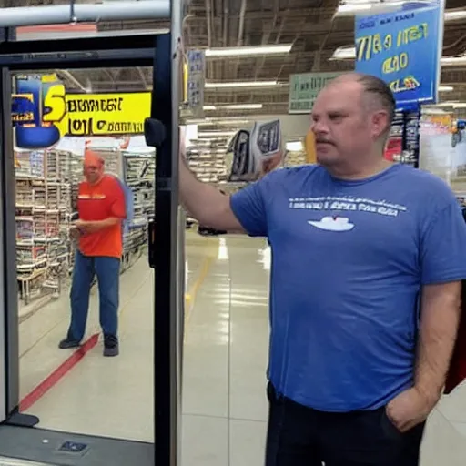 Image similar to determined man holds the automatic doors at Walmart open while straining and screaming and crowd looks on with awe