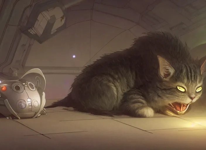 Image similar to alien cat sleeping in a spaceport in a gothcore ghibli animated film, volumetric lighting, octane render by stanley artgerm lau, greg rutkowski, alphonse mucha, loish, norman rockwel, highly detailed