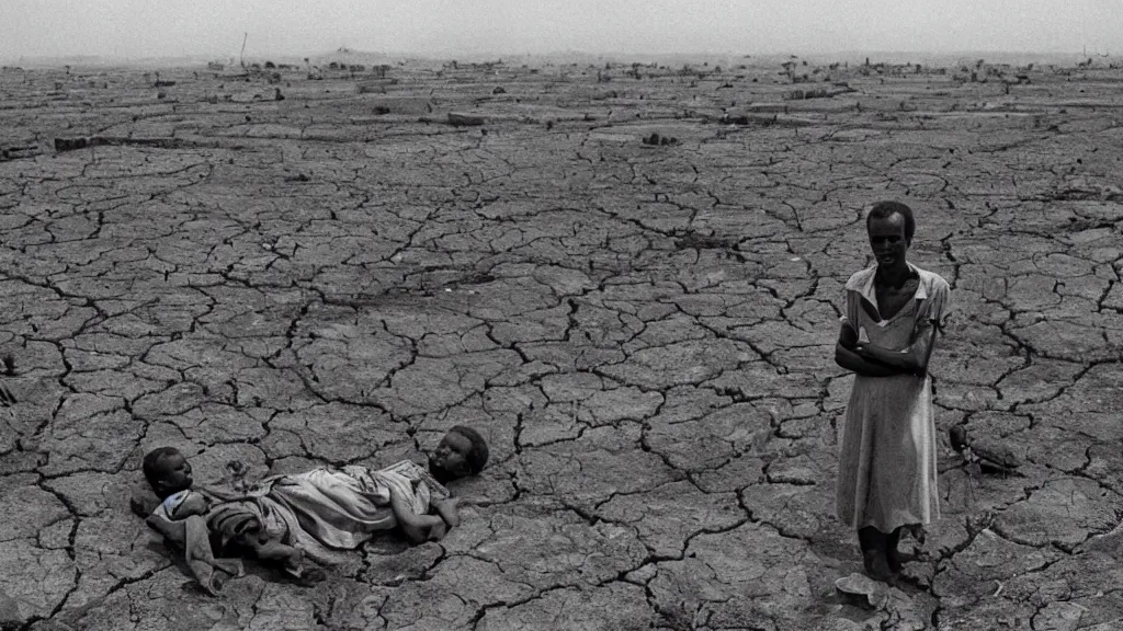 Image similar to 1 9 8 4 famine and drought in ethiopia, new york times, wide - angle, dark, moody, 8 k