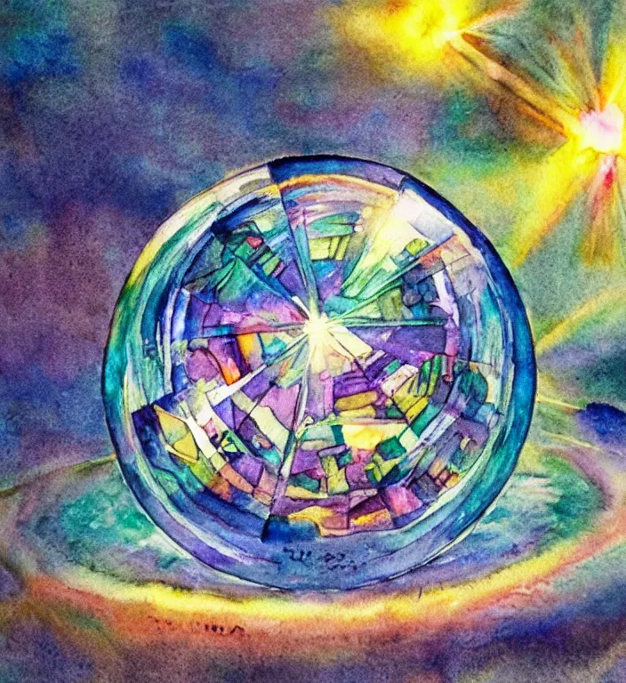 Image similar to a 1988 watercolor and ink illustration of an intricate and faceted crystal ball with a world inside of it + dissolving in to light + prism + god rays + dramatic lightning + backlit + specular + caustics