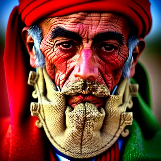 Image similar to portrait of president woodrow wilson as afghan man, green eyes and red scarf looking intently, photograph by steve mccurry