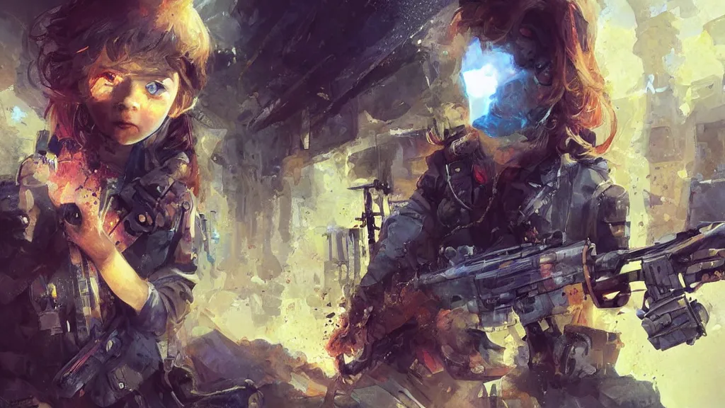 Prompt: portrait of the little girl with blue eyes is melted under machinegun fire because someone must melt, digital art, illustration, highly detailed, art by finnian macmanus