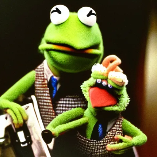 Image similar to trail cam footage unreleased still of the muppets in pulp fiction, photograph, detailed