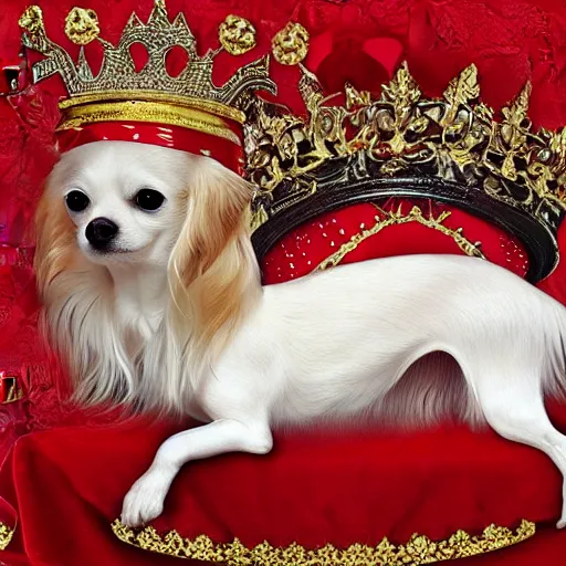 Image similar to long hair white chihuahua king wearing a red and gold crown cinematic composition, digital art, cute