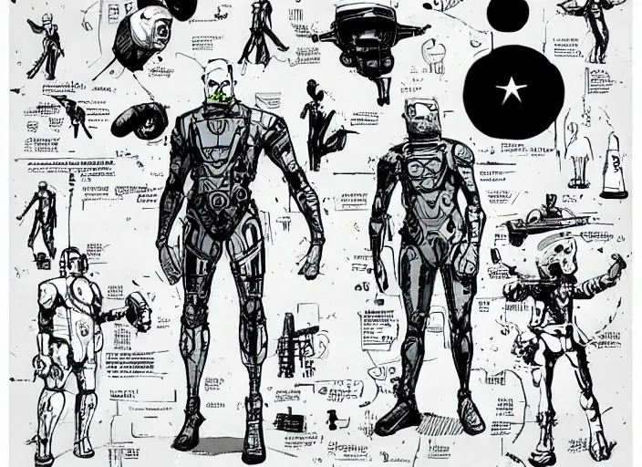 Image similar to male, heroic figure, space suit, science fiction, sketch, character sheet, very stylized, upa style, digital art, illustration, pen and ink, by mike mignola, by alex maleev
