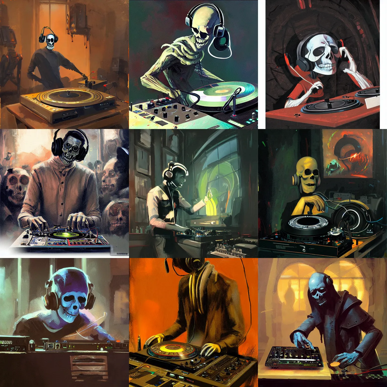 Prompt: a painting of skeltor wearing headphones DJing with DJ turntables, craig mullins, greg rutkowski