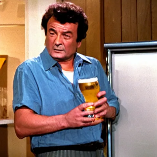 Prompt: columbo getting a beer out of the fridge