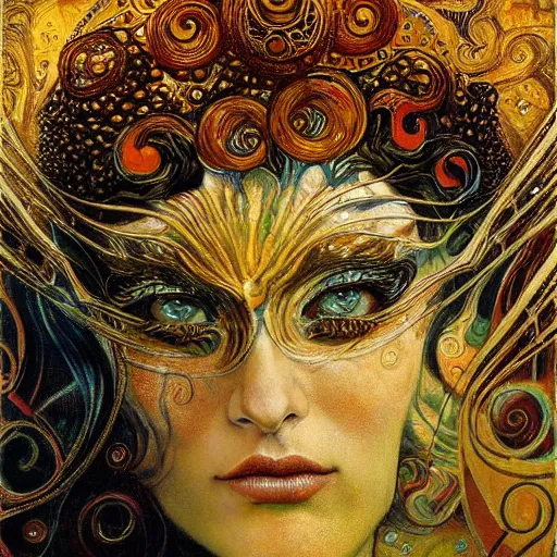 Prompt: Divine Chaos Engine by Karol Bak, Jean Deville, Gustav Klimt, and Vincent Van Gogh, beautiful visionary mystical portrait, sacred, otherworldly, fractal structures, ornate gilded medieval icon, third eye, spirals