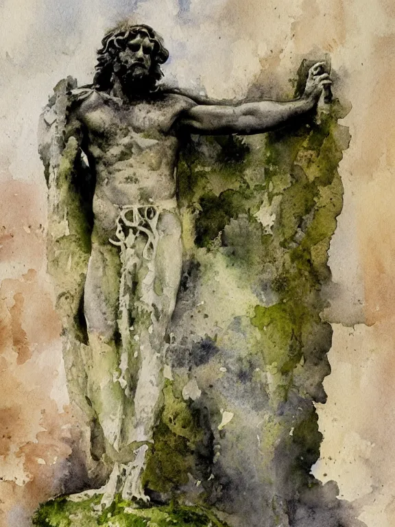 Prompt: abstract watercolor painting of scandinavian roman god monument, in stone and marble, covered in moss, magical and traditional, runes, cinematic light, national romanticism by anders zorn, by greg rutkowski, by greg manchess
