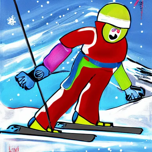 Image similar to Washing machine with legs and arms skiing down snowy mountain, digital painting, detailed, art, cartoon art,