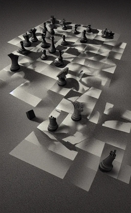 Prompt: surreal dali chess landscape, volumetric lighting, early morning, 3d liminal grainy aesthetic illustration, highly detailed, soft render