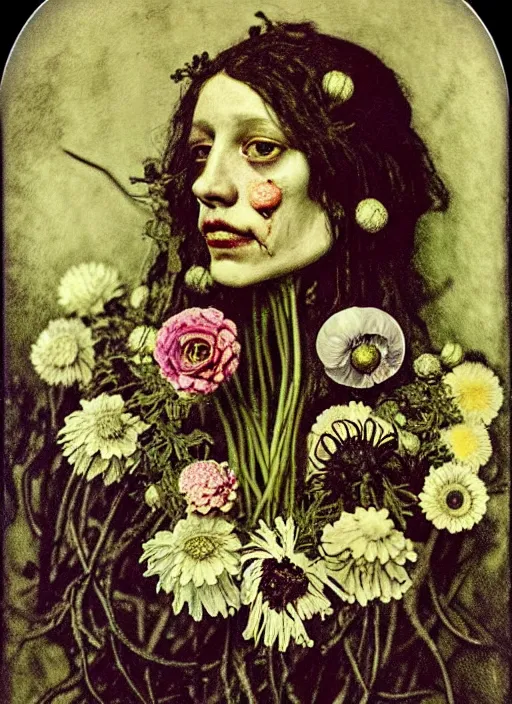 Image similar to beautiful and detailed rotten woman made of plants and many types of stylized flowers like carnation, daisy, chrysanthemum, anemone, roses and tulips, intricate, surreal, john constable, gustave courbet, caravaggio, romero ressendi, bruno walpoth 1 9 1 0 polaroid photo