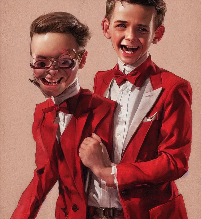 Image similar to medium shot, a boy with mildly dangerous looking eyes with smile with red suit on, very detailed, digital art, concept art, studio quality, fantasy, art style by J. C. Leyendecker