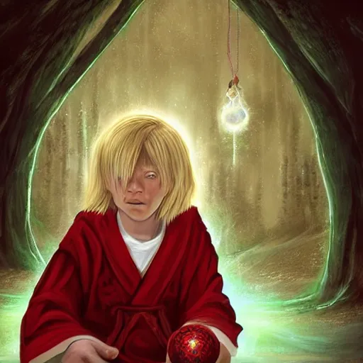 Image similar to Portrait of a 12 year old white boy with blond medium length hair, sitting cross-legged, wearing red sorcerer's robes, holding an illuminated crystal ball in his hands and gazing into it, inside of a cabin, Dungeon's & Dragons, digital illustration, deviantart, matte fantasy painting, by Jason Felix by Steve Argyle by Tyler Jacobson by Peter Mohrbacher