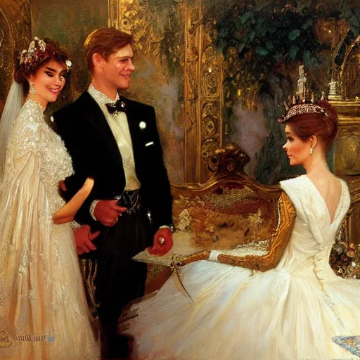 Image similar to detailed painting of young prince william marrying attractive audrey hepburn, highly detailed painting by gaston bussiere, craig mullins, j. c. leyendecker 8 k, smiling couple, royal painting, human face