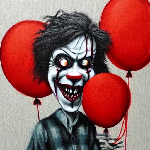 Image similar to grunge painting of david dobrik with a wide smile and a red balloon by chris leib, loony toons style, pennywise style, corpse bride style, horror theme, detailed, elegant, intricate