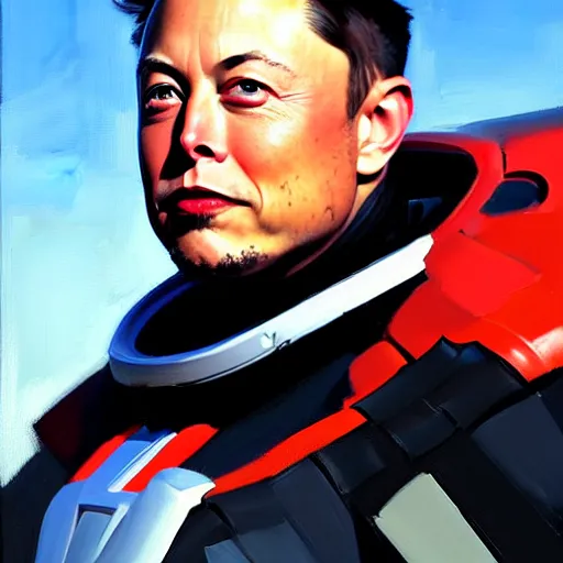 Image similar to greg manchess portrait painting of elon musk with jetpack as overwatch character, medium shot, asymmetrical, profile picture, organic painting, sunny day, matte painting, bold shapes, hard edges, street art, trending on artstation, by huang guangjian and gil elvgren and sachin teng