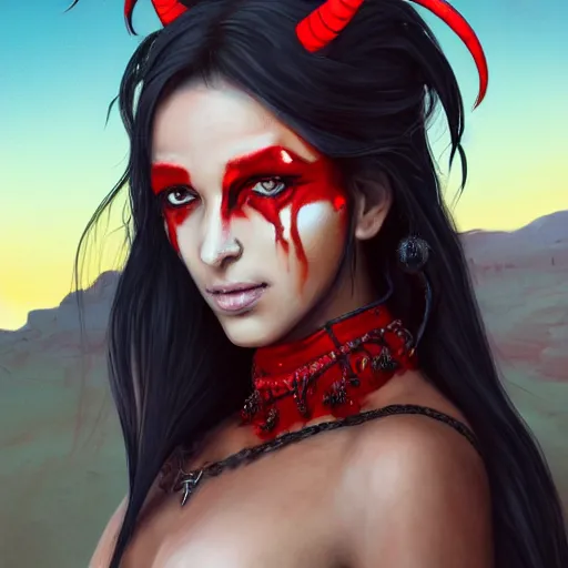 Prompt: portrait of a berber tiefling woman with red skin, devil horns and black hair in a ponytail in a desert, half body, single subject, ambient lighting, highly detailed, digital painting, trending on pixiv fanbox, studio ghibli, extremely high quality artwork, art by ross tran and artgerm and makoto shinkai