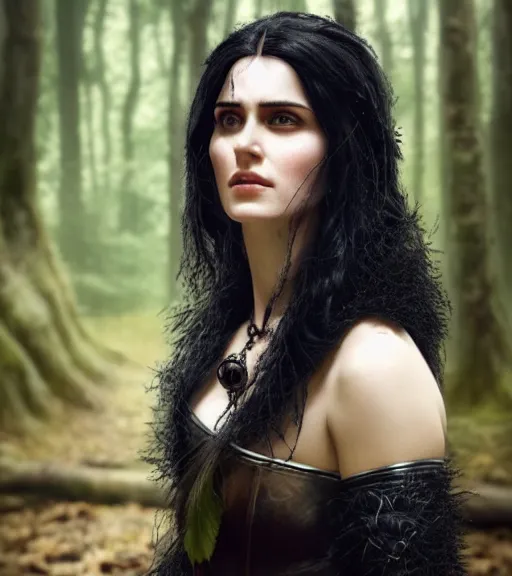 Image similar to 5 5 mm close up portrait photo of anya chalotra as yennefer of vengerberg in black leather armor and long black fluff hair, in a forest. magical atmosphere. art by greg rutkowski. lifelike. very detailed 8 k. intricate. soft light. nikon d 8 5 0.
