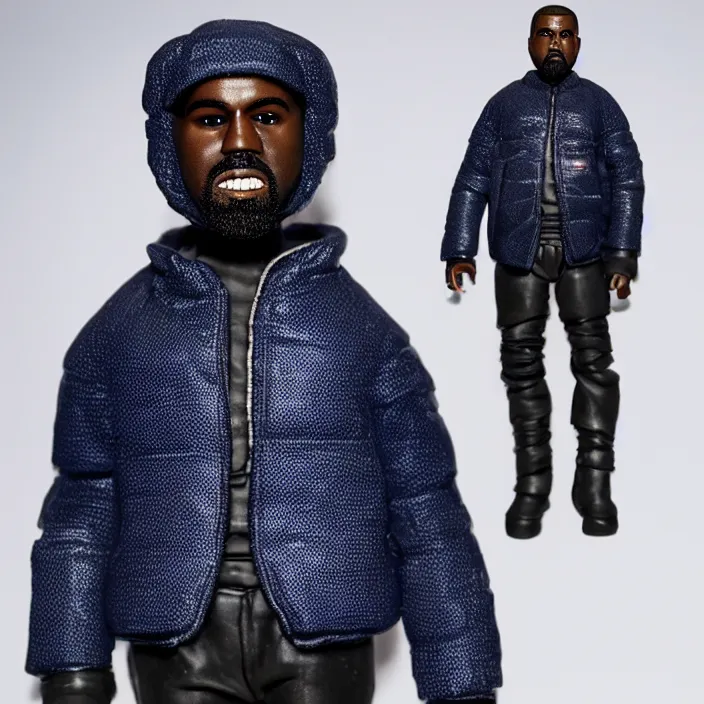 Image similar to a action figure of kanye west using full face - covering mask with small holes. a small, tight, undersized reflective bright blue round puffer jacket made of nylon. a shirt underneath. black jeans pants made of nylon. a pair of big rubber boots, figurine, detailed product photo, 4 k, realistic, acton figure, studio lighting, professional photo