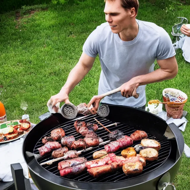 Prompt: a photograph of jerma 9 8 5 having a barbecue that consists of cement