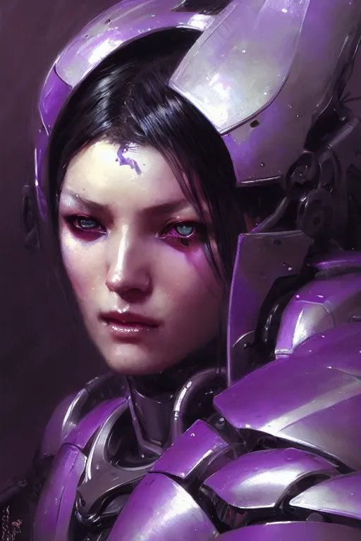 Image similar to extreme close up, facial portrait, woman with a long black ponytail in purple sci - fi armor, kitsune inspired armor, mechanical armor, cybernetic hands, stoic, grim dark, moody, portrait dnd, painting by gaston bussiere, craig mullins, greg rutkowski, yoji shinkawa