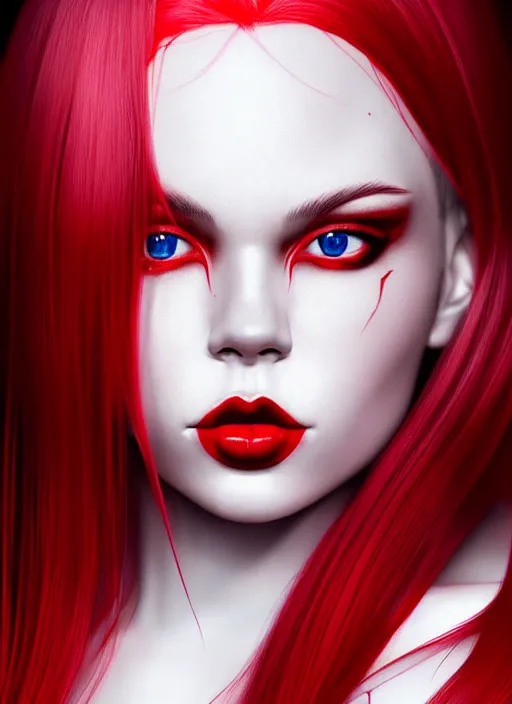Prompt: photo of kerli koiv with red and white half dye in the style of stefan kostic, realistic, half body shot, sharp focus, 8 k high definition, insanely detailed, intricate, elegant, art by stanley lau and artgerm, foggy backgeound