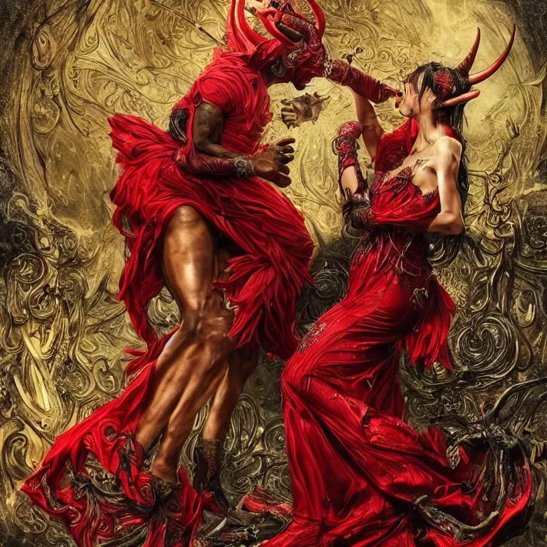 Prompt: beautiful painting of black man and a female devil in red dress with horns are dancing together, in Dark souls and elden ring style, insanely detailed and intricate, golden ratio, hypermaximalist, elegant, ornate, luxury, elite, ominous, haunting, matte painting, cinematic, cgsociety, James jean, Brian froud, ross tran, Laputa