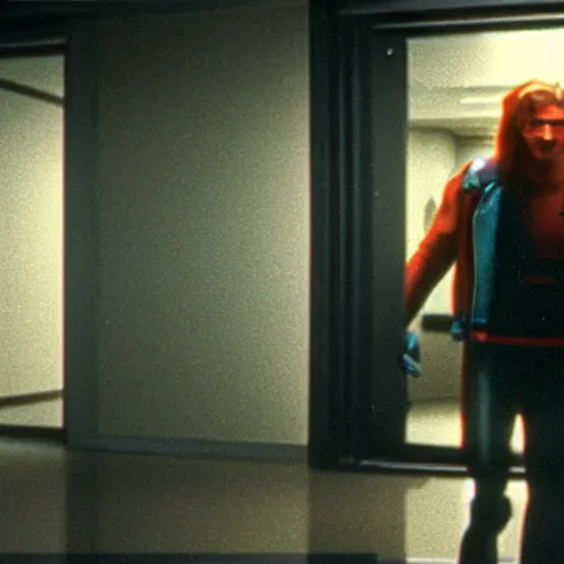 Prompt: a vhs still portrait of aphex twin breaking into the office from a gritty cyberpunk 2 0 0 0 s james cameron movie about spider - man. realism, cinematic lighting, 4 k. 8 mm. grainy. panavision.