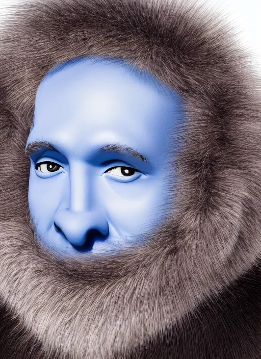 Image similar to a blue-skinned man wearing a fur coat, illustration, head shot, close up