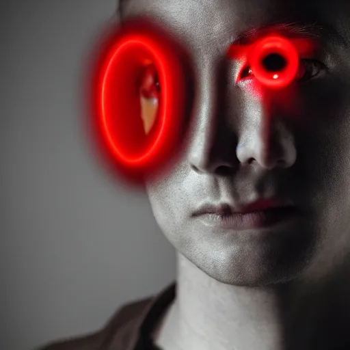 Prompt: profile of a beautiful! male with red mechanical! eye, neon glowing dark background by Tomohiro Suzuki