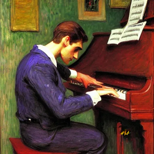 Image similar to attractive man playing piano, painting by tom of finland, john william waterhouse, claude monet