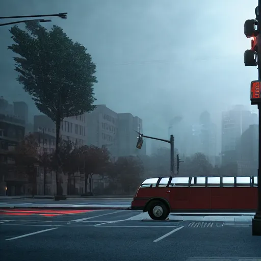 Image similar to dark city bus stop, unreal 5 realistic render,ArtStation