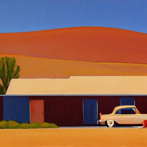 Image similar to motel in a desert rural landscape, painted by Alex Katz and Edward Hopper, airbrush, highly detailed